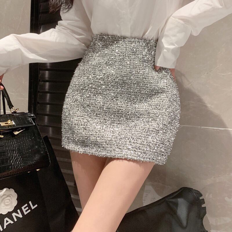 Chân váy kim tuyến chữ A bling bling dáng ngắn hàng quảng châu phong cách sexy sang chảnh Yame clothing