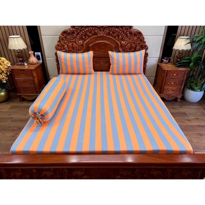 BỘ DRAP GA THUN HÀN  SỌC CAM XÁM CHANH XẢ