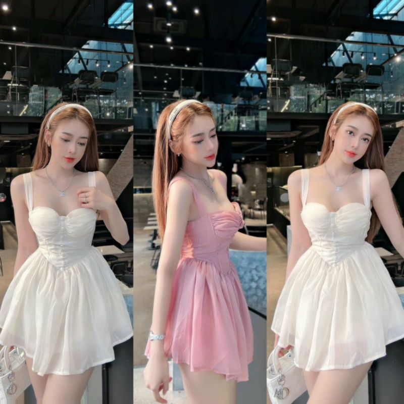 Đầm voan tơ 2 dây nhíu ngực phối nút sang chảnh ( video tự quay cận chất )