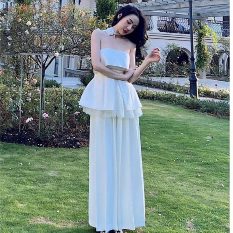 15903 set quần trắng áo ống trắng kèm chocker hoa