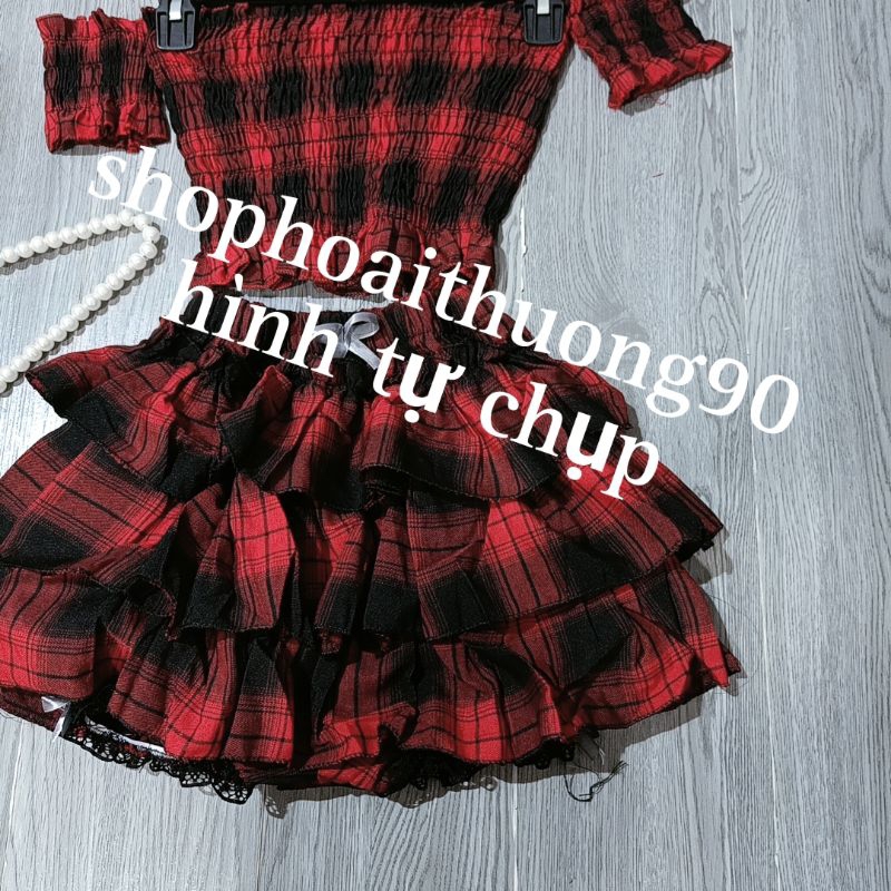 Set váy nhún tầng caro tôn dáng ( ảnh thật trải sàn )