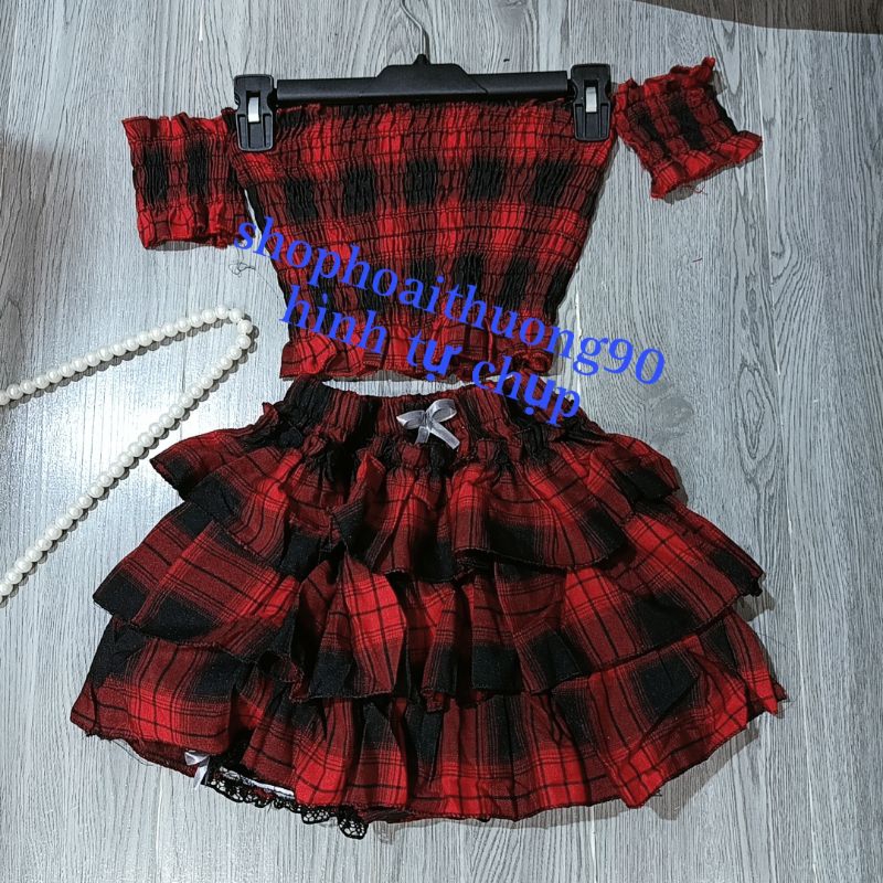 Set váy nhún tầng caro tôn dáng ( ảnh thật trải sàn )