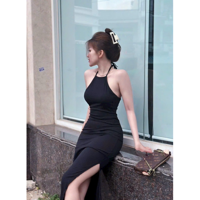 đầm body dài cổ yếm, xẻ tà, siêu co giãn