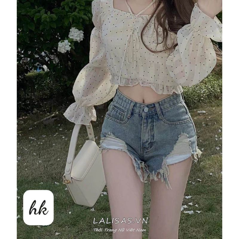 🌸Áo chấm bi cổ vuông tay bồng bánh bèo🌸