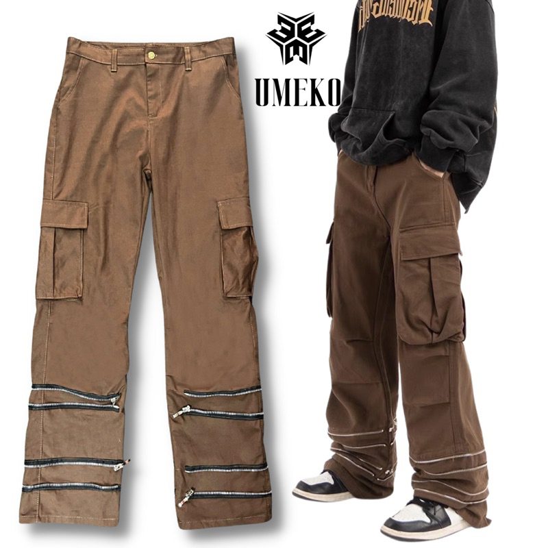 UMEKO Quần Dài Cargo Pants Kaki, Quần Túi Hộp Unisex Form Suông Ống Rộng Phối Khoá Zip Thời Trang Y2K Streetwear Ngầu