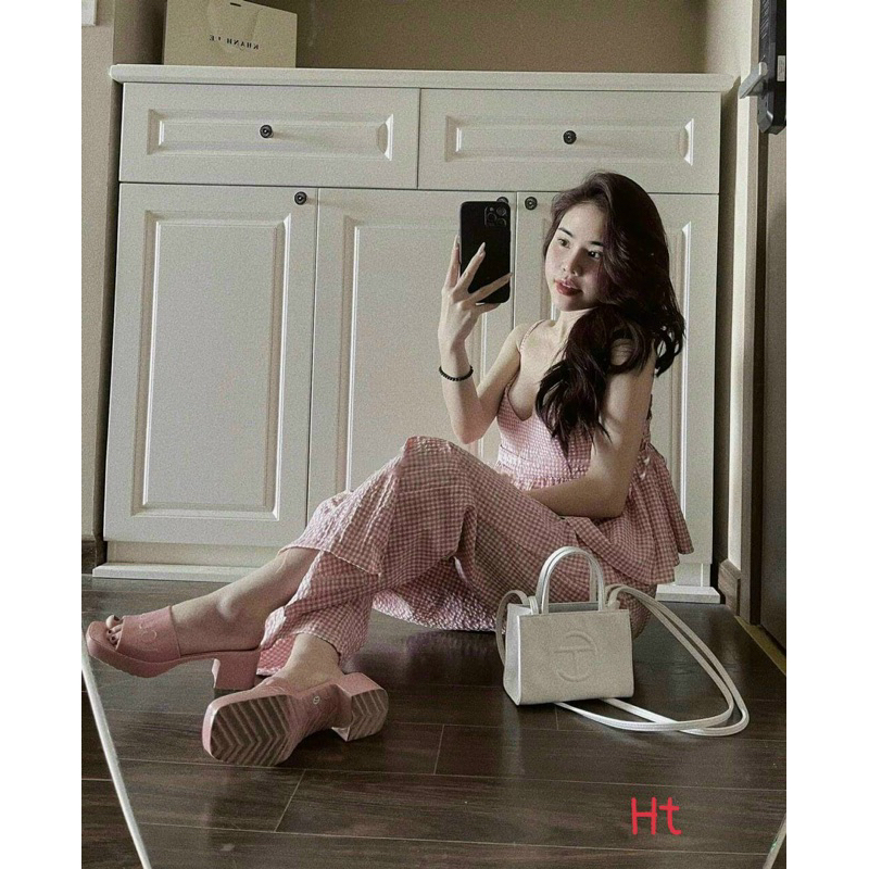 Set áo hai dây peplum phối quần suông sọc caro