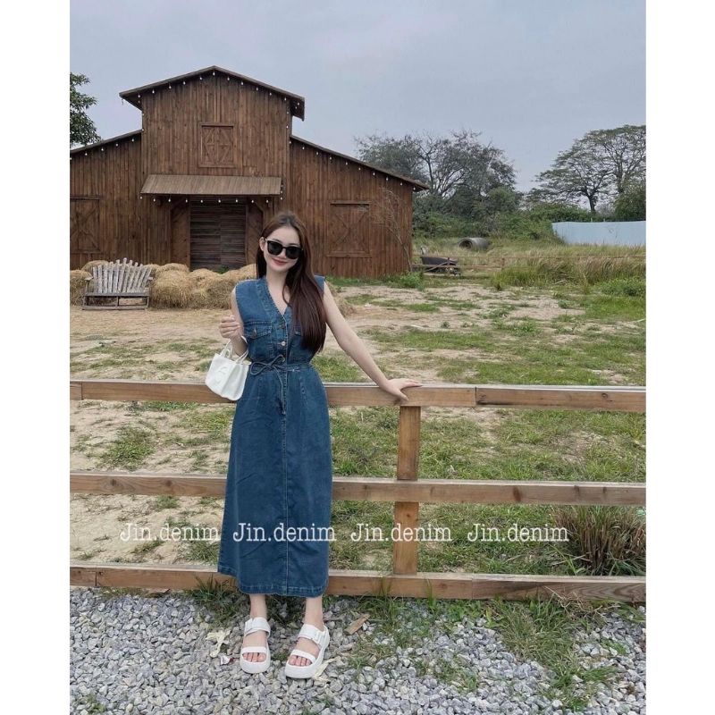 Đầm midi jean cột eo dài qua gối size s m