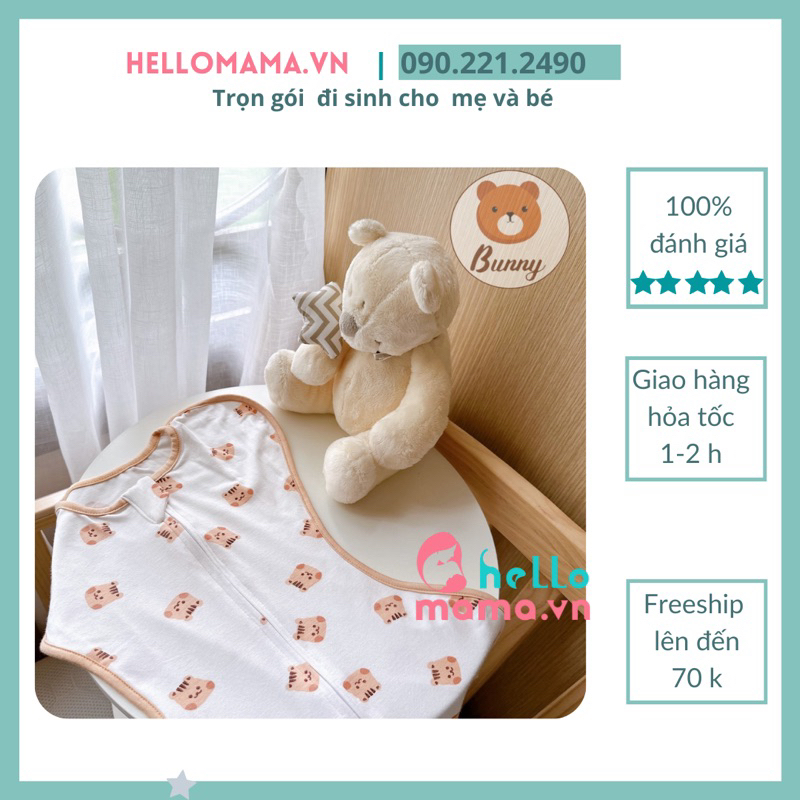 Quấn nhộng Bunny HỌA TIẾT GẤU- có dây kéo giúp bé ngủ ngon (form nhỏ phù hợp với trẻ sơ sinh, vải sợi tre mát, mềm mịn