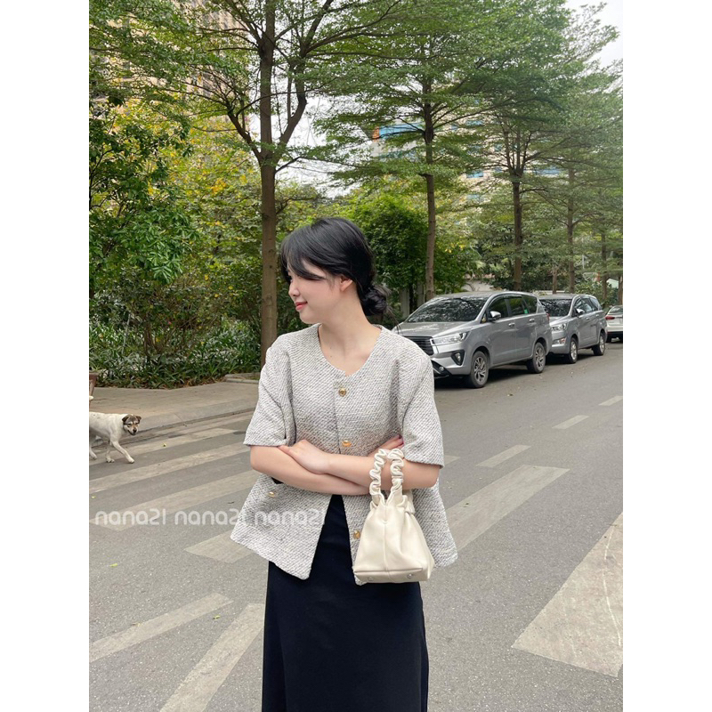 Áo khoác dạ tweed ghi cộc tay Nana21 Nanastore21