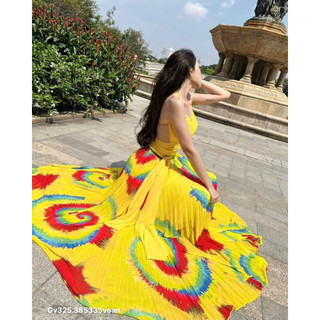 gv325- đầm maxi rời hoa tiết vàng
