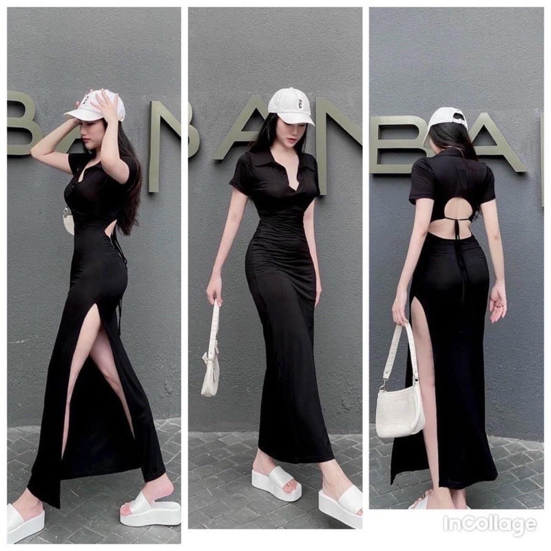 Đầm body ôm polo thun hở lưng
