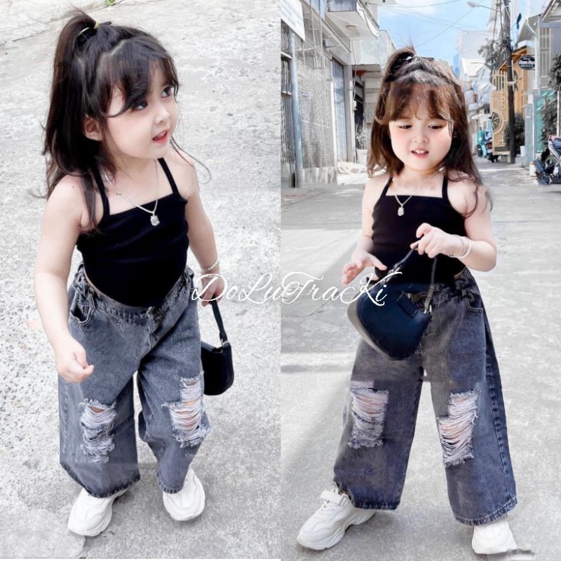 Bộ áo 8_35kg) croptop kèm quần xuông cá tính bé gái