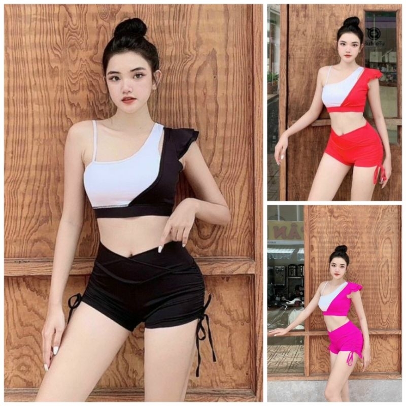 Sét đồ bơi nữ 2 mảnh phối màu áo croptop 3 lỗ kèm quần chân váy dây rút phong cách thể theo đi bơi đi biển năng động | BigBuy360 - bigbuy360.vn