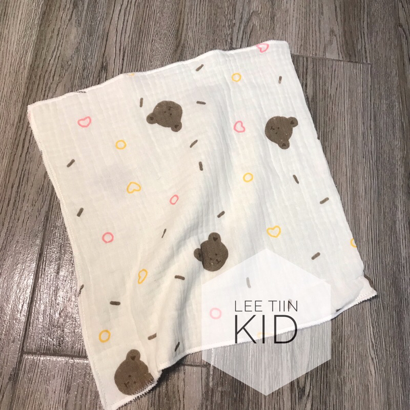 Khăn sữa xô muslin 4 lớp LeeTiin vắt sổ hoạ tiết gấu thỏ siêu hot