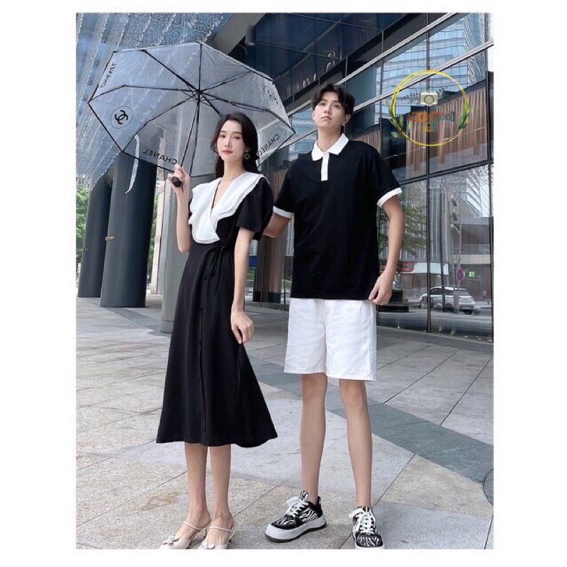 🌷Đầm midi cổ phối voan trắng tay phồng thắt eo một bên + Áo thun cổ polo trắng phối hợp