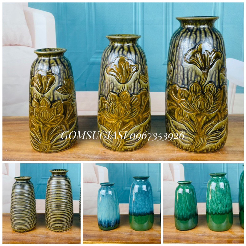 BỘ 3 LỌ HOA CỠ VỪA MEN HOẢ BIẾN GỐM SỨ BÁT TRÀNG