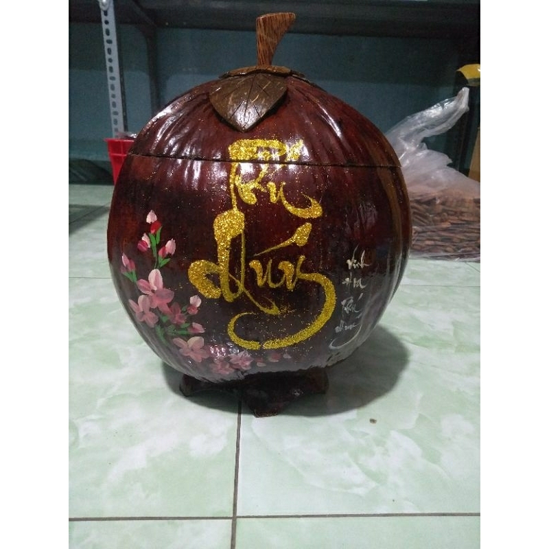 Bình ủ giữ ấm bình trà làm từ trái dừa vẻ thư pháp tặng kèm ấm tích 1000ml