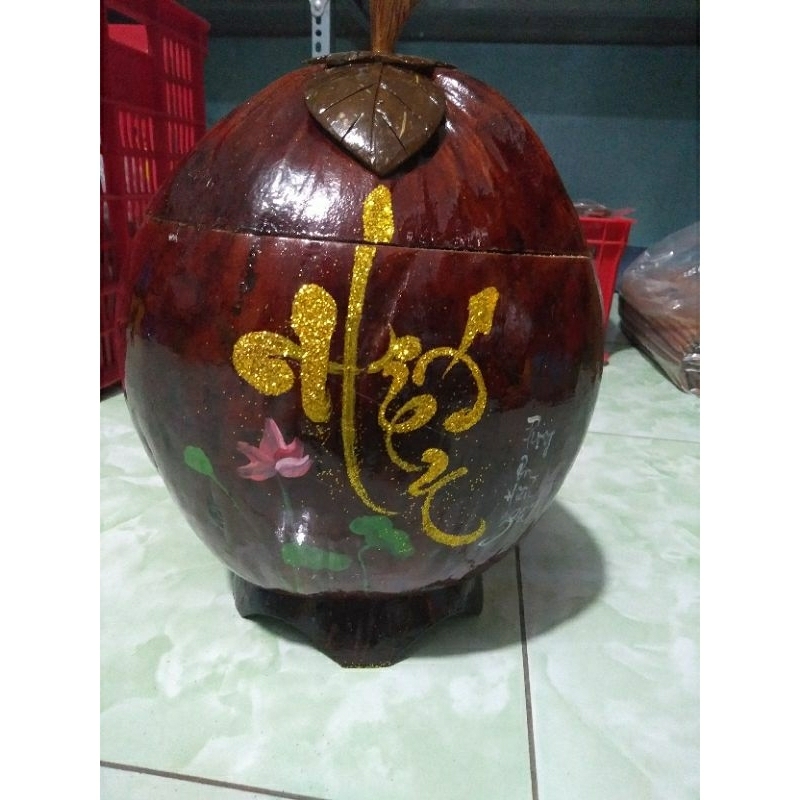 Bình ủ giữ ấm bình trà làm từ trái dừa vẻ thư pháp tặng kèm ấm tích 1000ml