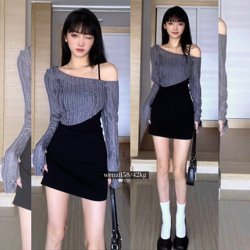 Sét đầm dây bún + áo xám lệch vai phối màu chất vải thun gân len 4 chiều FreeSize feedback - Bảo An Shop hot top 2023
