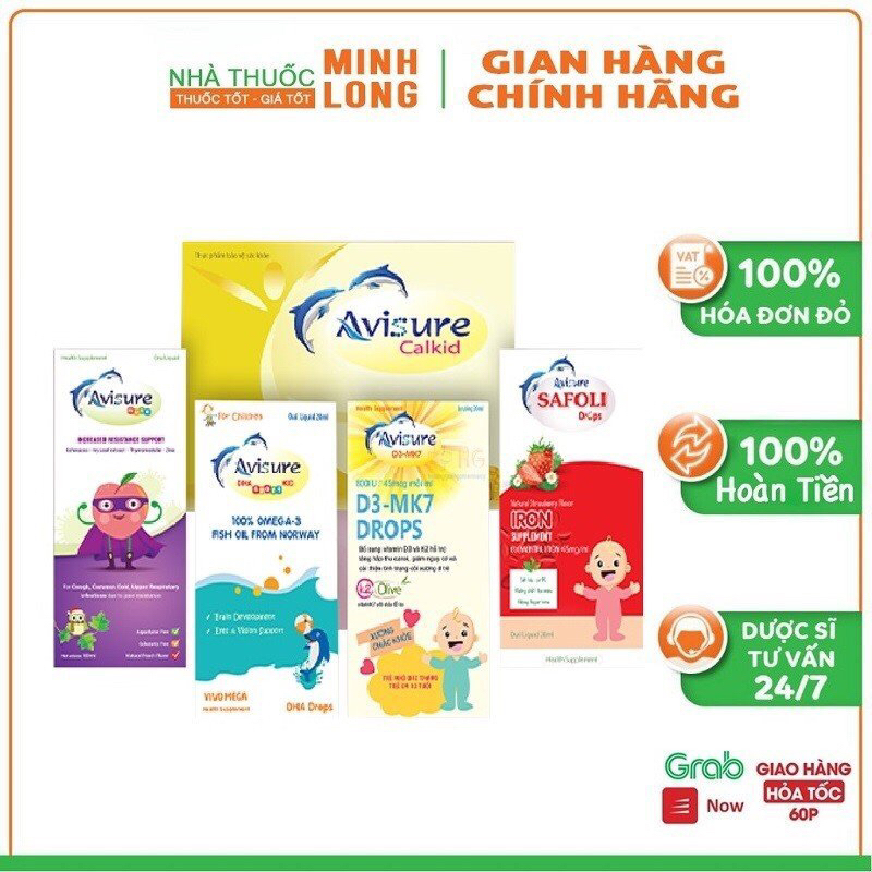 Bộ sản phẩm Avisure bổ sung vi chất toàn diện cho bé D3 mk7 drops DHA smart kid Safoli drops Avisure muno Calkid