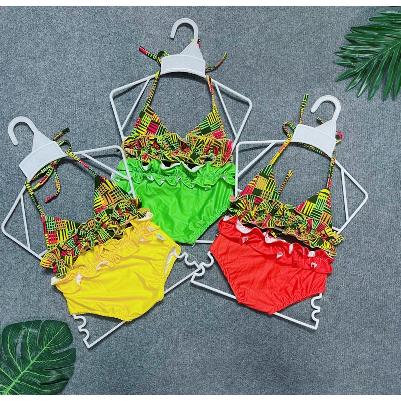Bikini Yếm Cột Dây Quần Chip Đùi Cho Bé Gái Hoạ Tiết Chấm Bi