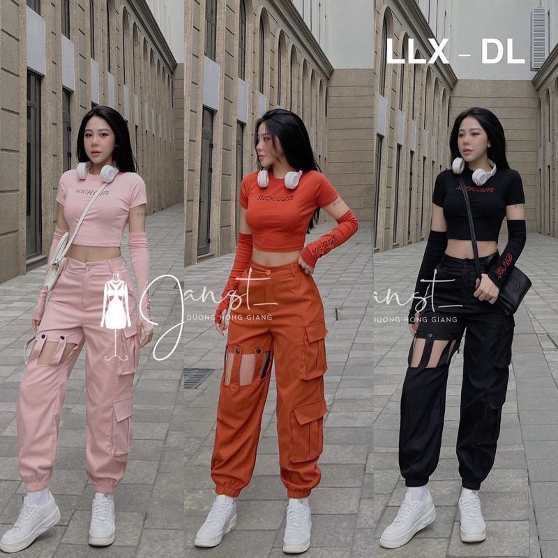 Bộ thể thao nữ, bộ SUCH chữ thêu cộc tay kèm căng tay phối quần jogger kaki túi hộp form rộng cá tính LLX 06