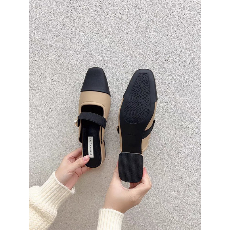 Giày slingback mũi vuông đế cao, sục phối 2 màu, quai nganh đính ngọc, êm chân thời trang 2023 dành cho nữ