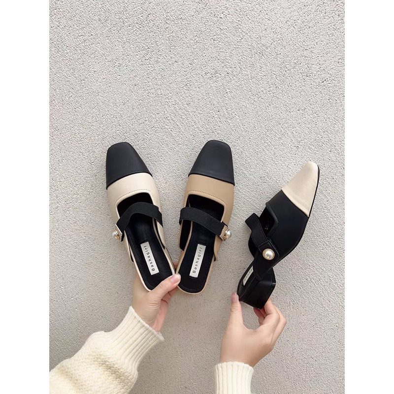 Giày slingback mũi vuông đế cao, sục phối 2 màu, quai nganh đính ngọc, êm chân thời trang 2023 dành cho nữ