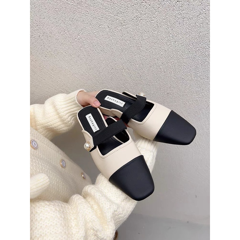 Giày slingback mũi vuông đế cao, sục phối 2 màu, quai nganh đính ngọc, êm chân thời trang 2023 dành cho nữ