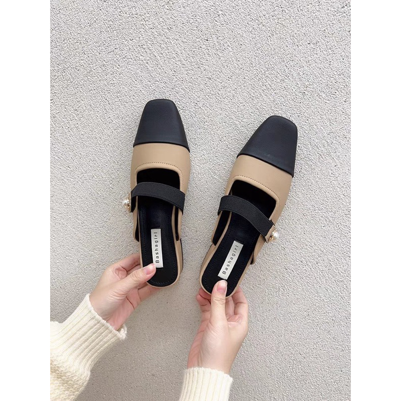 Giày slingback mũi vuông đế cao, sục phối 2 màu, quai nganh đính ngọc, êm chân thời trang 2023 dành cho nữ