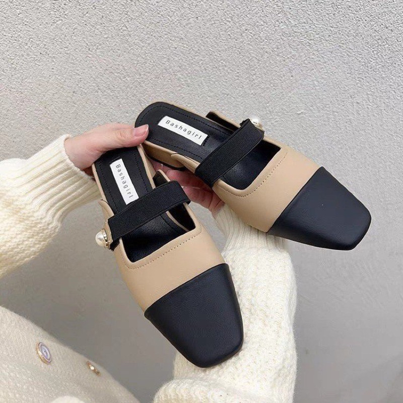 Giày slingback mũi vuông đế cao, sục phối 2 màu, quai nganh đính ngọc, êm chân thời trang 2023 dành cho nữ