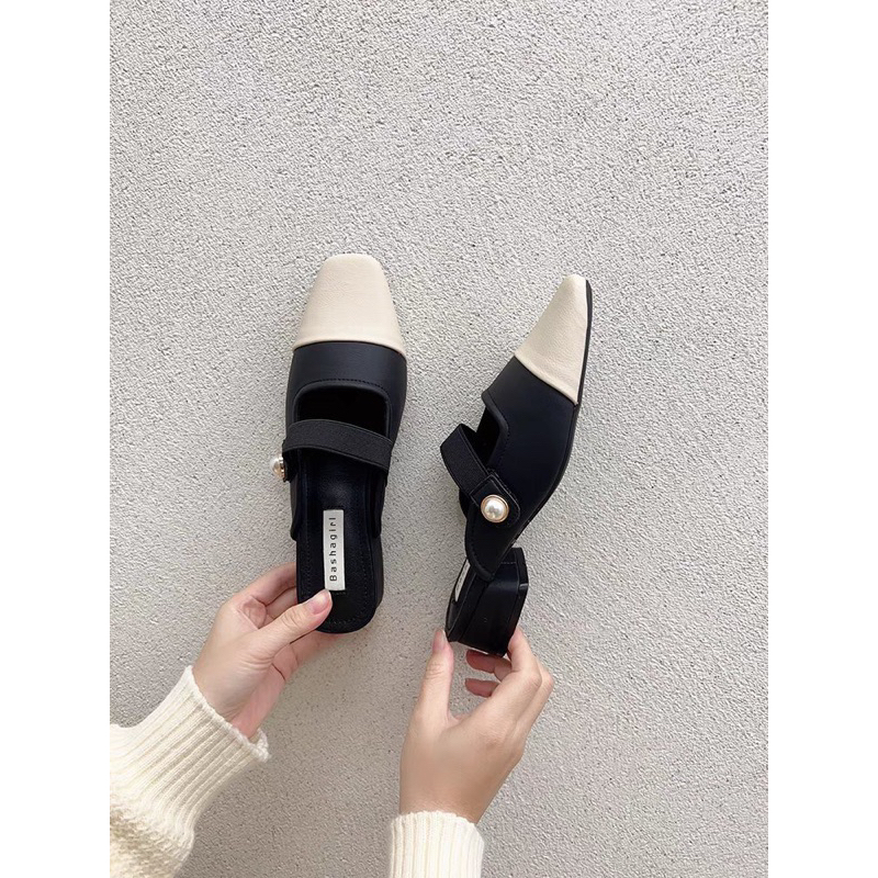 Giày slingback mũi vuông đế cao, sục phối 2 màu, quai nganh đính ngọc, êm chân thời trang 2023 dành cho nữ