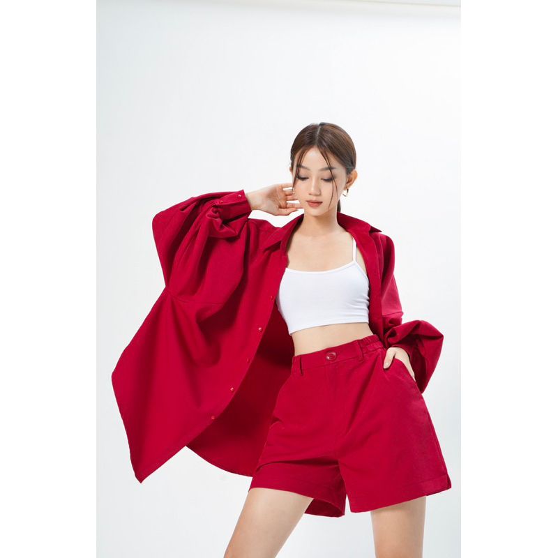 SET ÁO SƠ MI CÁNH DƠI TAY PHỒNG + QUẦN SHORTS ỐNG RỘNG