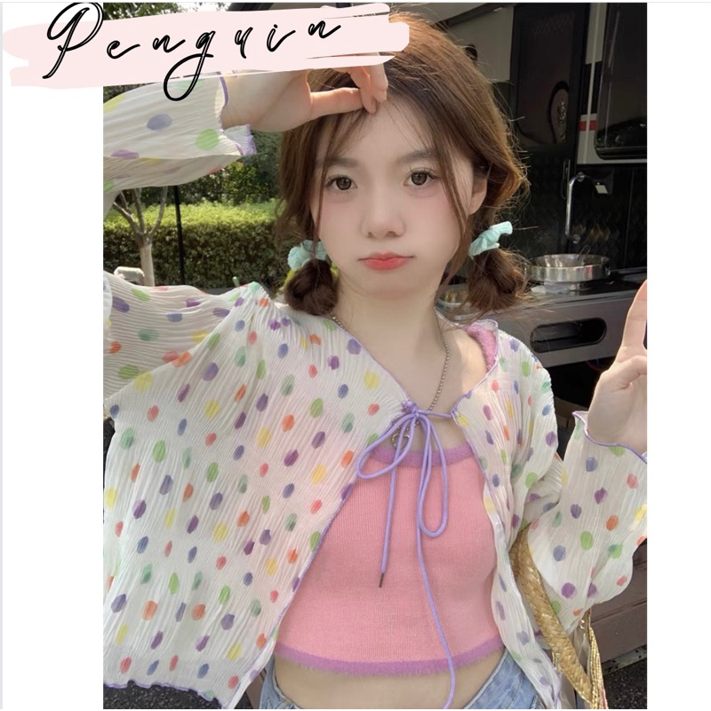 Áo khoác freesize ❤FREESHIP ❤ vải voan siêu mỏng hoạ tiết chấm bi màu sắc nhẹ nhàng cho nữ