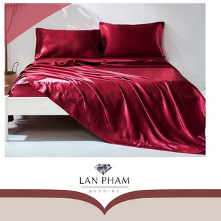Bộ 5 Món Vỏ Chăn Ga Gối Phi Lụa Cao Cấp Mát,Mềm,Mịn Lan Pham Bedding- Đỏ Đô