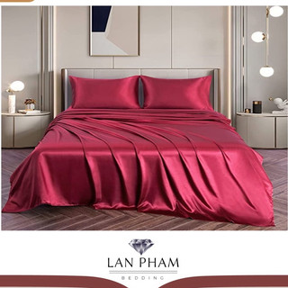 Bộ 5 Món Vỏ Chăn Ga Gối Phi Lụa Cao Cấp Mát,Mềm,Mịn Lan Pham Bedding- Đỏ Đô