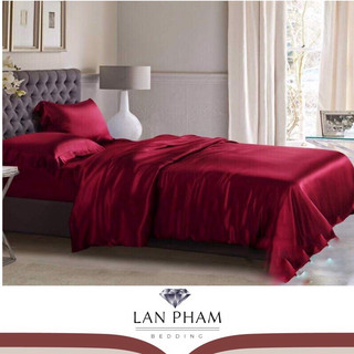 Bộ 5 Món Vỏ Chăn Ga Gối Phi Lụa Cao Cấp Mát,Mềm,Mịn Lan Pham Bedding- Đỏ Đô