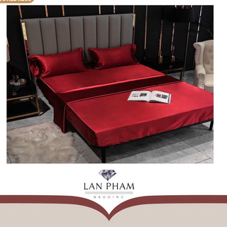 Bộ 4 món ga gối phi lụa mát mềm mịn lan pham bedding mát mịn - đỏ đô