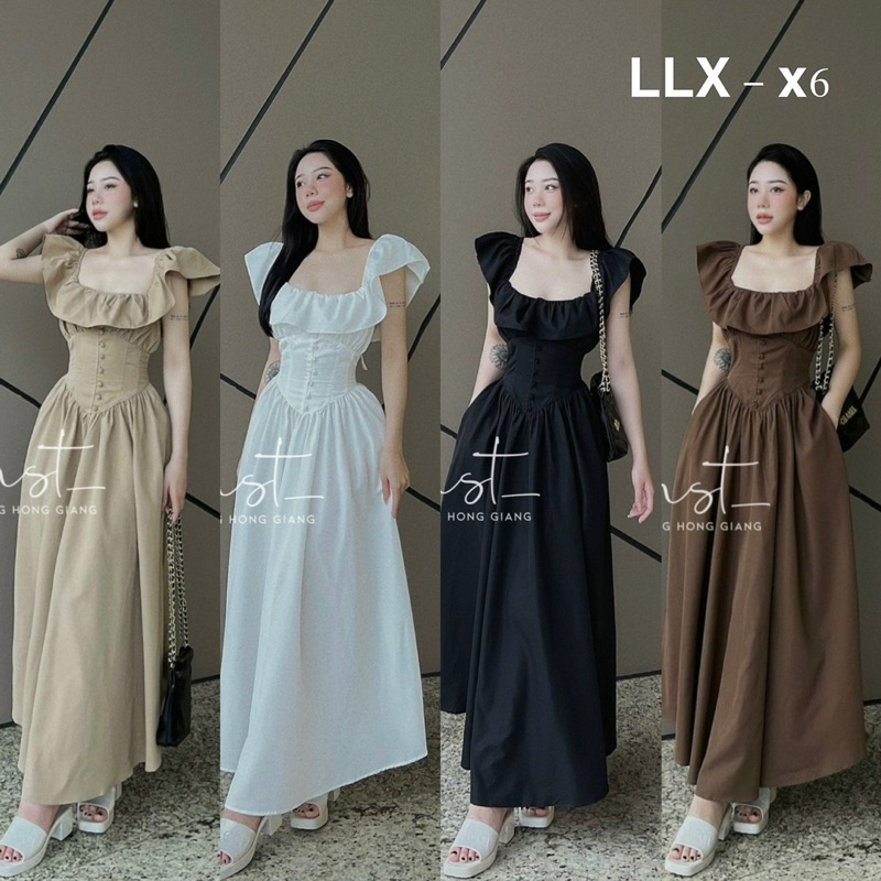Váy maxi cổ vuông cúc bọc buộc dây lưng thắt eo