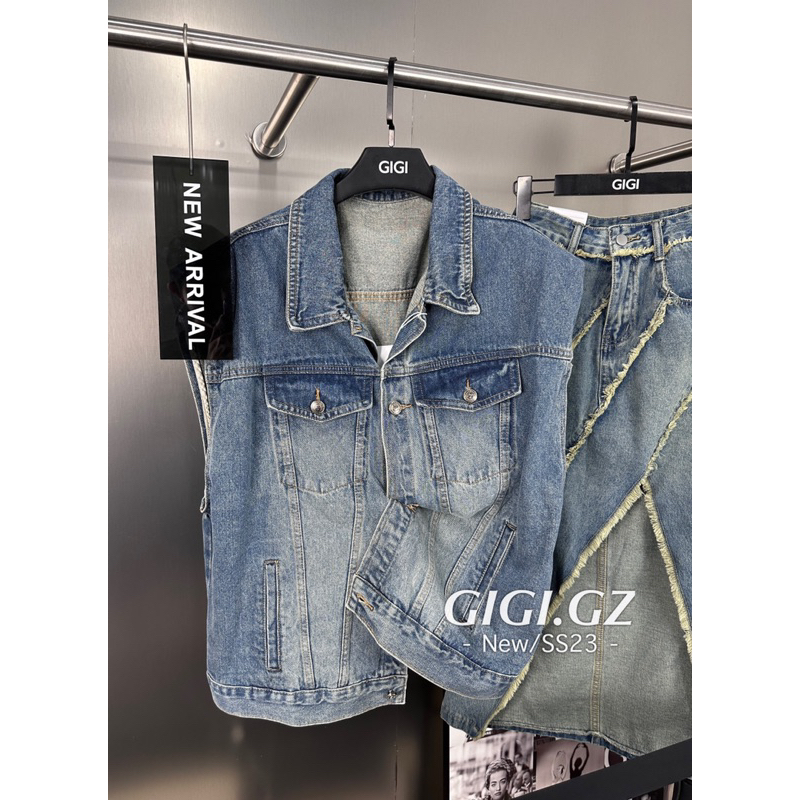 Áo gile denim mix chân váy tua rua chéo vạt hàng QCL1