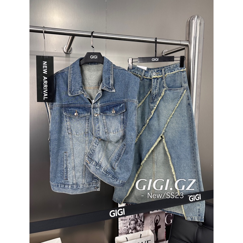 Áo gile denim mix chân váy tua rua chéo vạt hàng QCL1