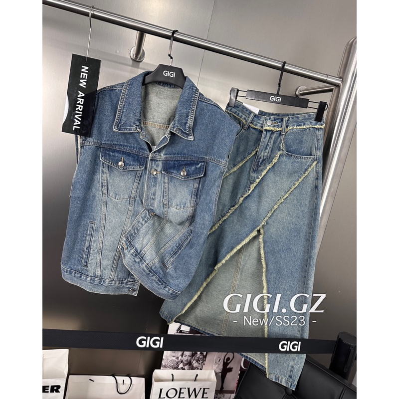 Áo gile denim mix chân váy tua rua chéo vạt hàng QCL1