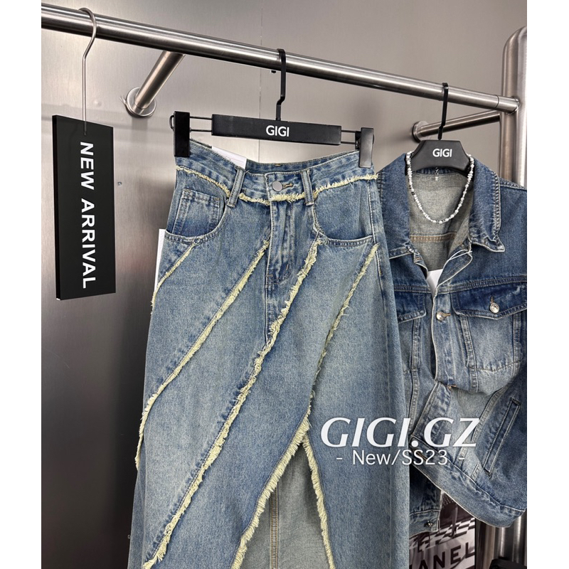 Áo gile denim mix chân váy tua rua chéo vạt hàng QCL1