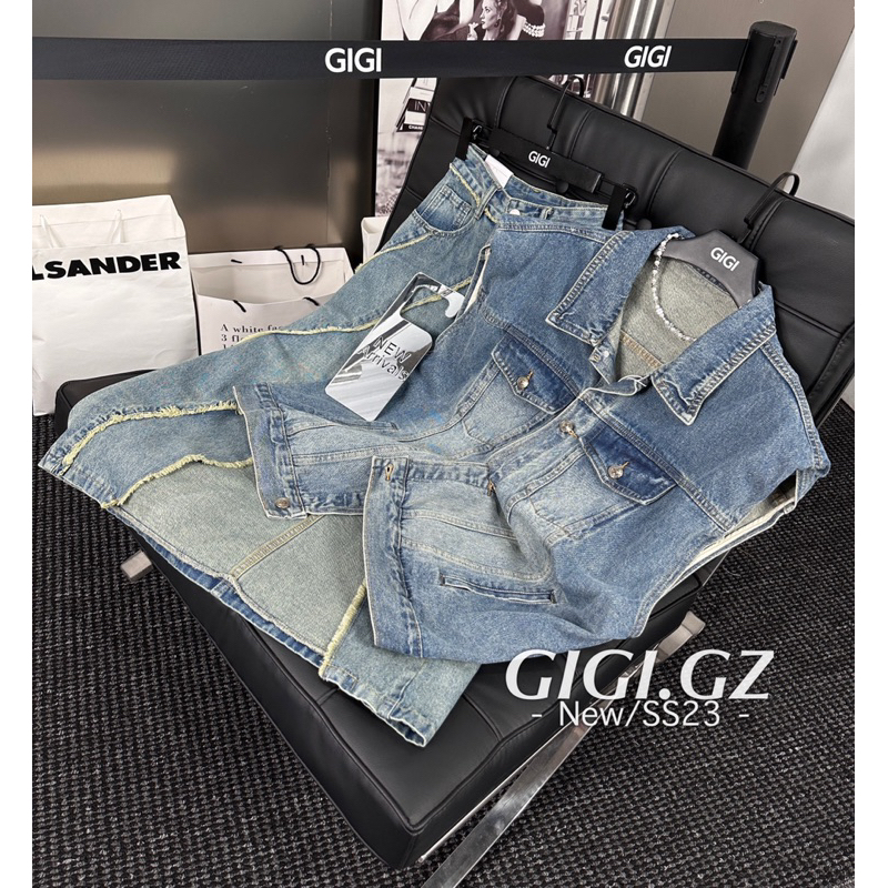 Áo gile denim mix chân váy tua rua chéo vạt hàng QCL1