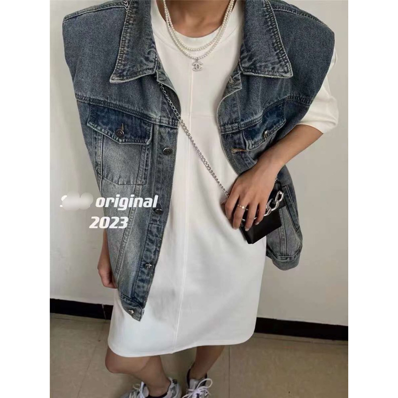 Áo gile denim mix chân váy tua rua chéo vạt hàng QCL1