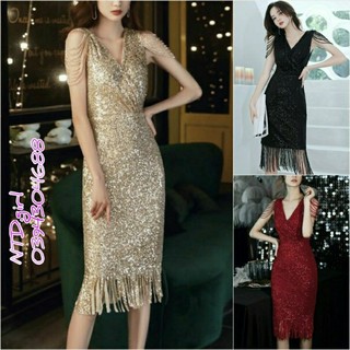 Hàng nhập - Đầm dáng ôm dự tiệc viền tua rua, váy body kim sa đính đá