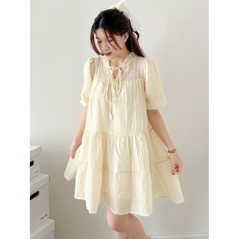 Váy tơ babydoll xoè tay bồng kèm dây đai thắt nơ cổ