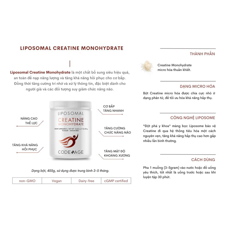 Codeage Liposomal Creatine Monohydrate Powder 90 Lần Dùng