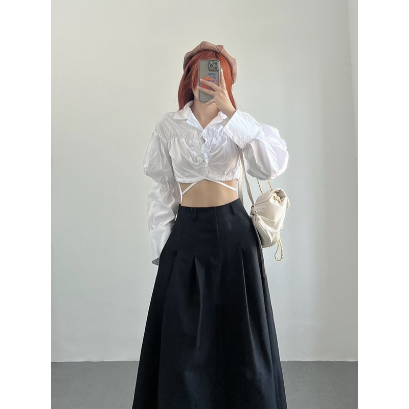 Chân váy gấp ly 2 bên eo dài 90cm nâu ánh rêu,đen