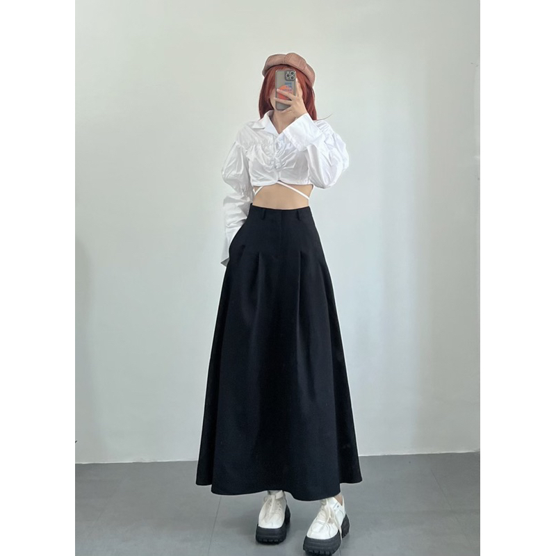 Chân váy gấp ly 2 bên eo dài 90cm nâu ánh rêu,đen